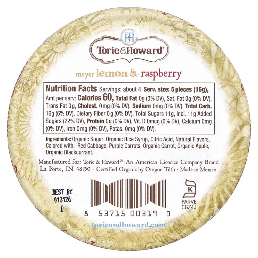 Torie & Howard,有机硬糖，梅约柠檬树莓味，2 盎司（57 克）