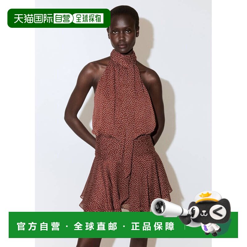 自营欧洲直邮MANGO 女士焦橙色聚酯纤维波点挂脖露背短款连衣裙图片
