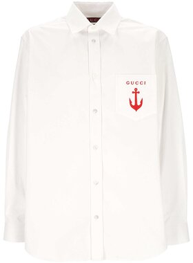 GUCCI 男士衬衫 833294Z7AUX9000 AW2025 白色 长袖府绸衬衫