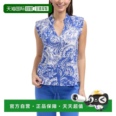 自营Ellen Tracy女式亚麻混纺上衣，带褶边袖和衣领-蓝色蜡染印花
