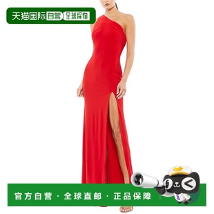 美国奥莱直发连衣裙长裙 红色 自营Mac Duggal球衣单肩褶皱后礼服