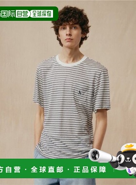 韩国直邮HAZZYS Hedges 男士米白色亚麻条纹圆领T恤 (HZTS5B508).