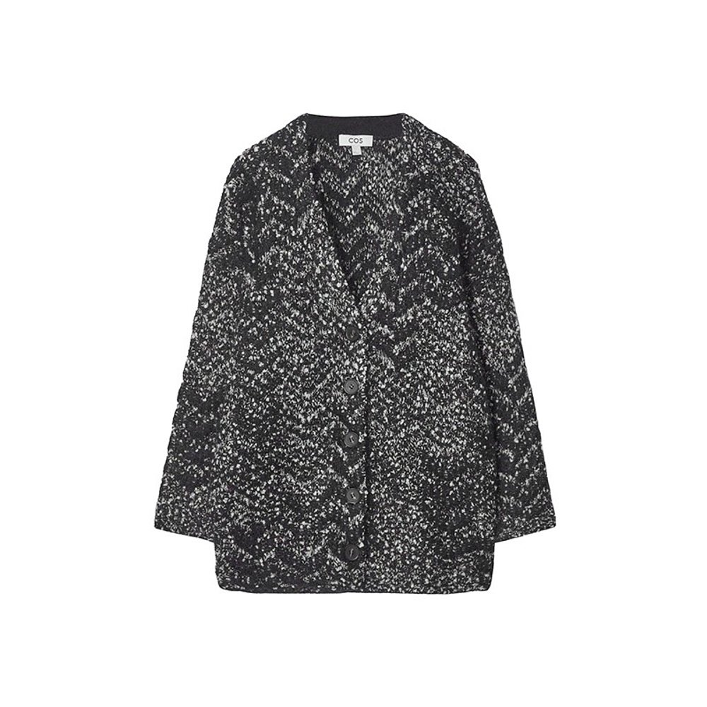 COS 24新款 女士黑色棉混纺纽扣式门襟人字纹理V领开衫