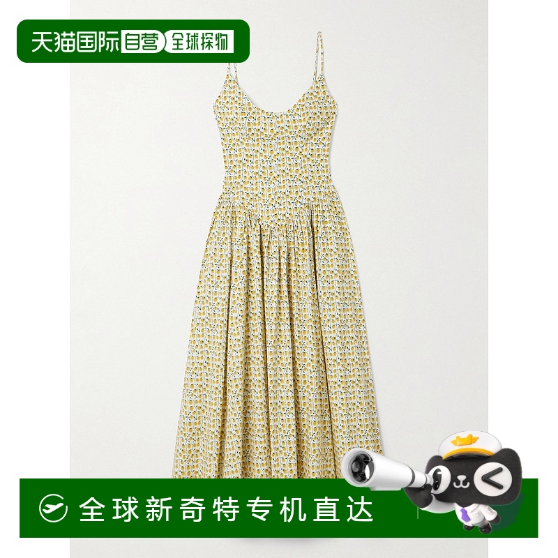 1h可退 香港直邮潮奢 Staud 女士 Dena 褶裥印花棉混纺府绸长款连