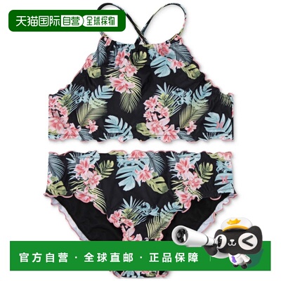 自营Girls Hurley Bikini Set Black Tropical Print Halter Neck