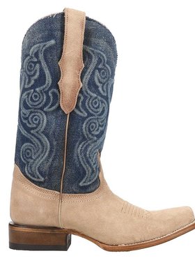 美国直邮Corral 女式刺绣方头牛仔靴 Z5220 米色 蓝色 真皮时尚靴