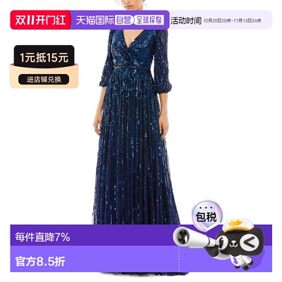 自营Mac Duggal Sequined Mesh V-Neck A-Line Gown - b 美国奥