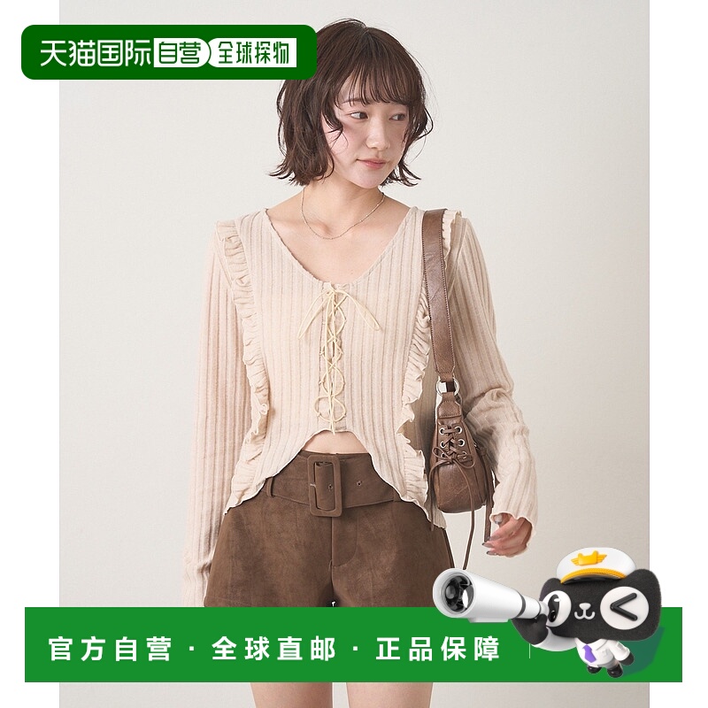 1h可退 日本直邮mline 女装 荷叶边蕾丝绑带修身T恤 MLZ1052106A0