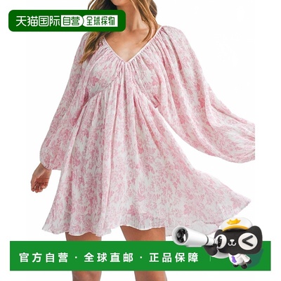 自营mablePriyanka泡泡袖花迷你连衣裙，粉白色-粉白色 美国奥莱