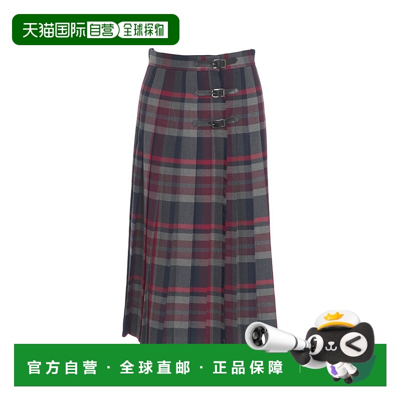 自营ottod'ame中号褶皱裙,格子图案和带扣细节-灰色 美国奥莱直