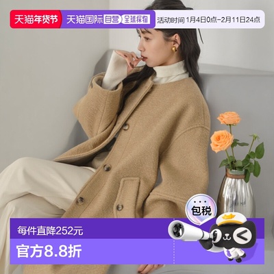 1h可退 日本直邮hinari 女装 宽松长款无领外套 柔软仿毛呢灯笼袖