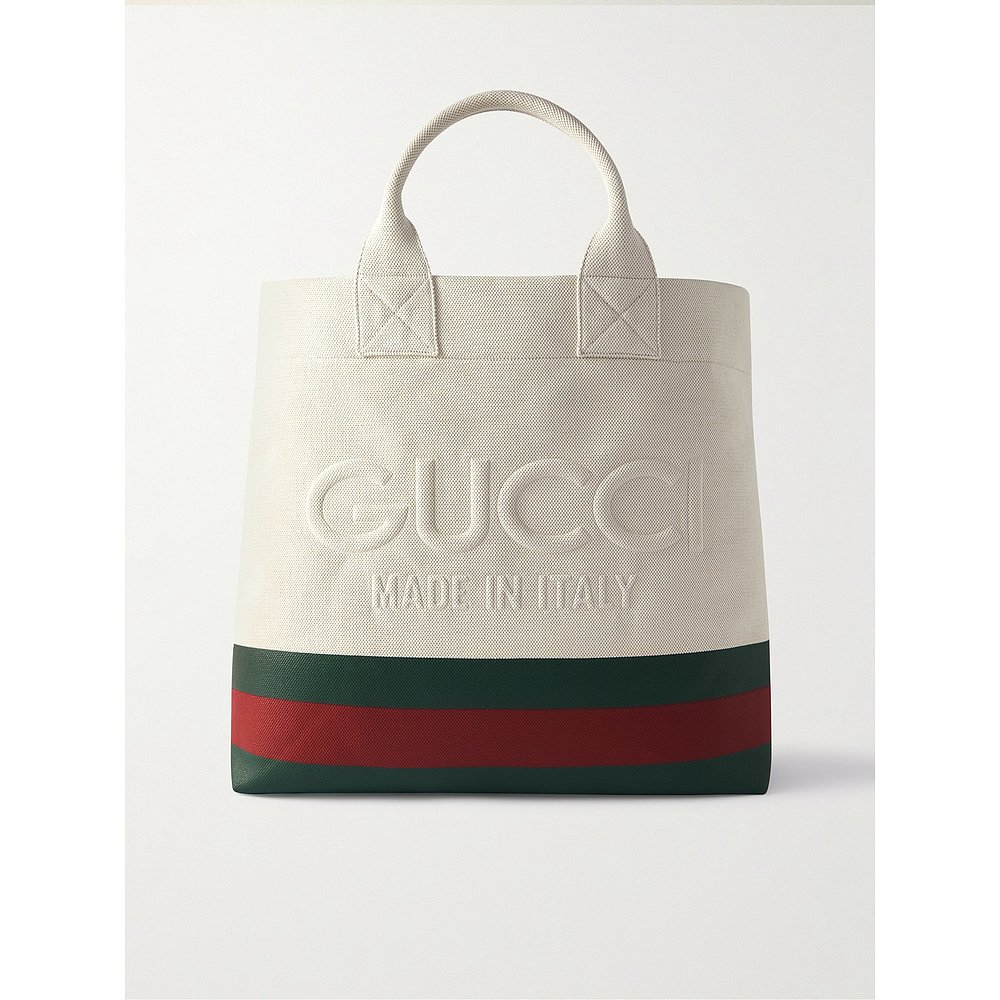 潮奢 Gucci古驰男士 Striped Logo-Embossed Canvas Tote Bag