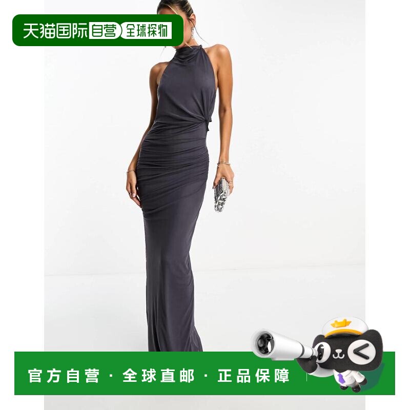 1h可退 香港直邮ASOS 女士 设计网纱风琴纹挂脖后绑带领炭灰色长