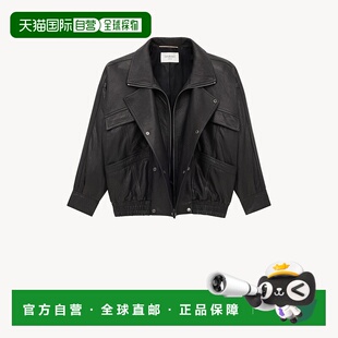 自营欧洲直邮YSL圣罗兰 女士黑色羔羊皮拉链闭合飞行员夹克防风