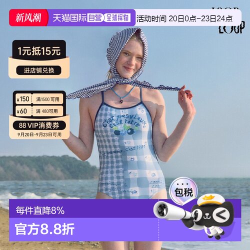 韩国直邮LOOPLOOP联名蓝莓格纹细吊带半高叉V领后背连体泳衣女