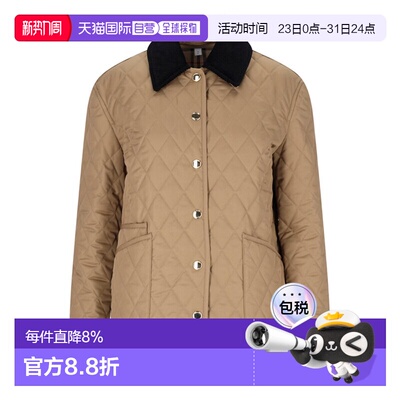 香港直邮Burberry博柏利 女款驼色菱形绗缝按扣翻领棉服外套/8039