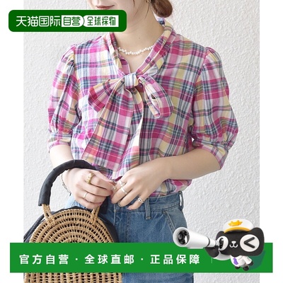 1h可退 日本直邮SHIPS any 女士马德拉斯格纹蝴蝶结泡泡袖衬衫 72