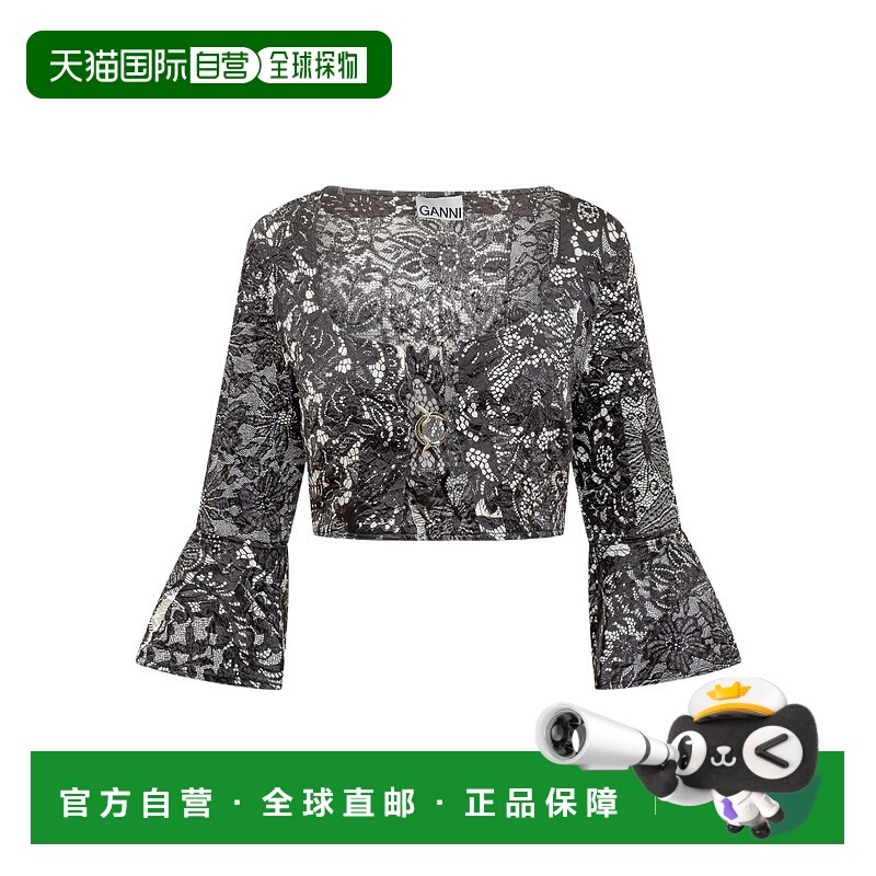 香港直邮GANNI 女士衬衫 F7673099 SS2023 黑色 徽标衬衫