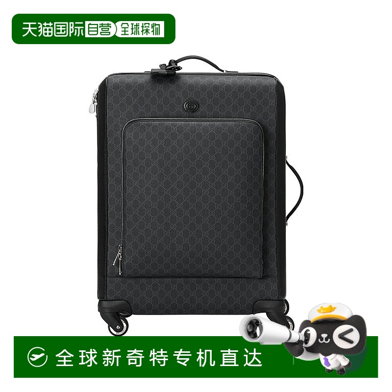 欧洲直邮Gucci/古驰 女士黑色皮革GG拉链开合帆布饰边拉杆箱行李