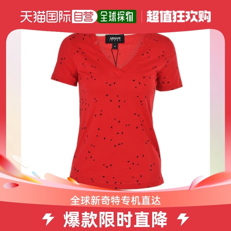 香港直邮Armani Jeans 阿玛尼牛仔 红色棉女士时尚休闲短袖大V领T