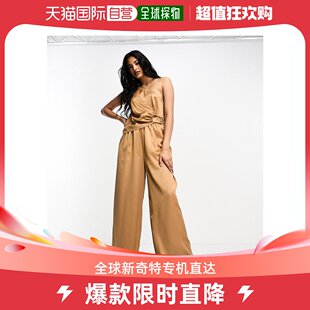 香港直邮潮奢 女士设计缎面垂褶金色五金件驼色连衣裤 ASOS