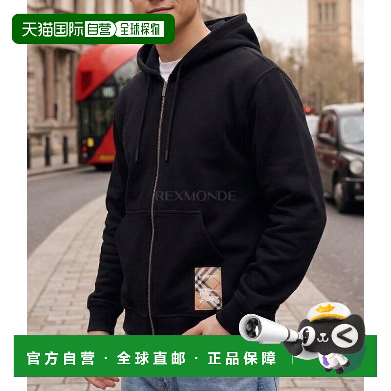 韩国直邮BURBERRY 格纹标签棉质拉链连帽衫 (8102276) 兜帽/拉链