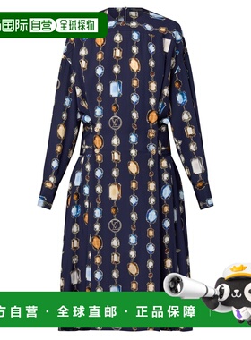 自营欧洲直邮LV路易威登 女士藏蓝色丝绸项链图案长袖连衣裙