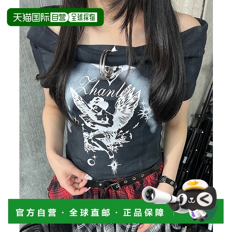 1h可退 日本直邮Figments 女士ANGEL印花短款落肩T恤 可调节金属