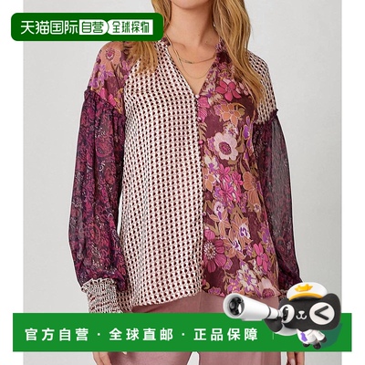 自营 mystree混合印花长袖紫红色衬衫 美国奥莱直发泡泡袖