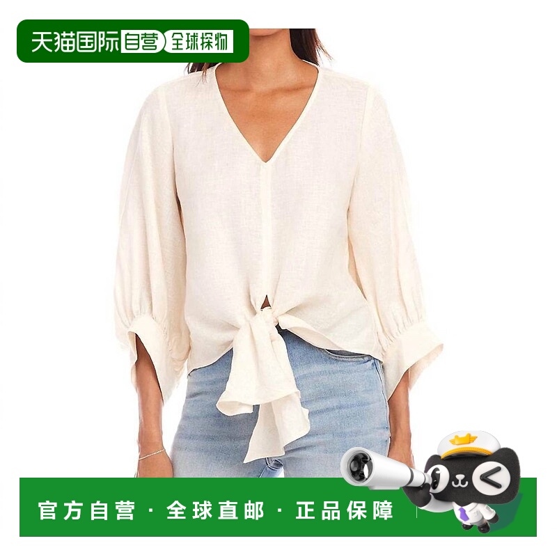 自营karen kaneBlouson Sleeve Linen Tie-Front Top In Ecru - e