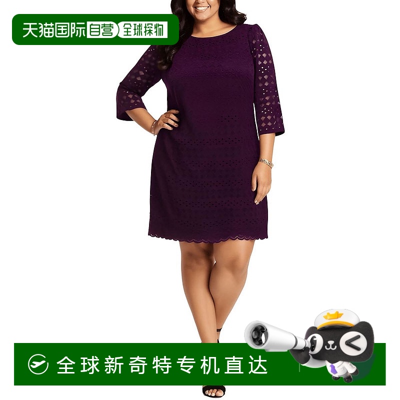 自营 jessica howardPlus女式纯色蕾丝连衣裙-茄子色 【美国奥莱