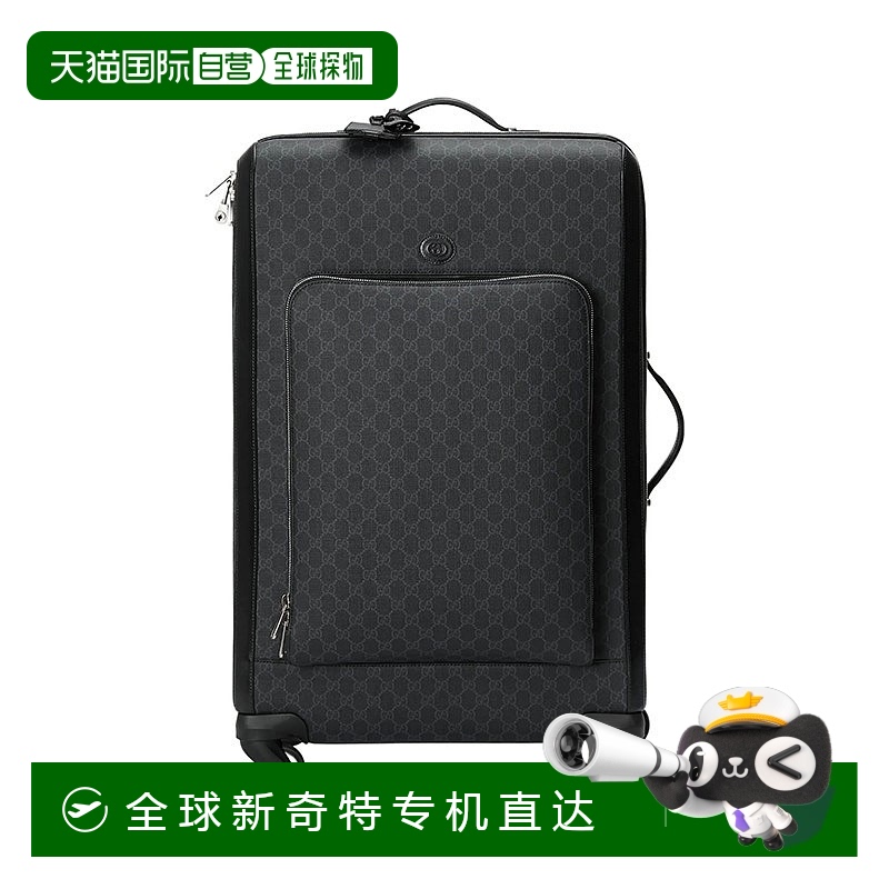 欧洲直邮Gucci/古驰 女士黑色皮革GG拉链开合帆布饰边拉杆箱行李