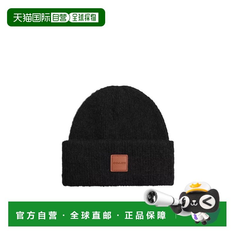 香港直邮COACH 男士帽子 CU825BLK AW2025 黑色 带皮革贴片的针织