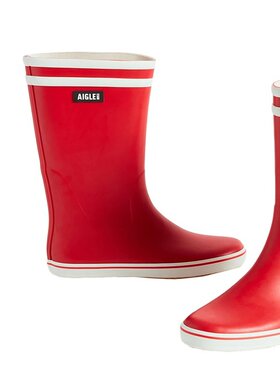 欧洲直邮AIGLE/艾高24新款 女士红色天然橡胶涤纶白条纹中筒雨靴