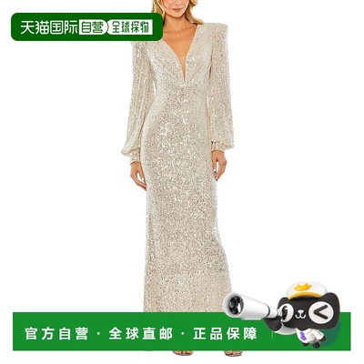 自营Mac Duggal Sequined Plunge Neck Structured Bishop Sleeve