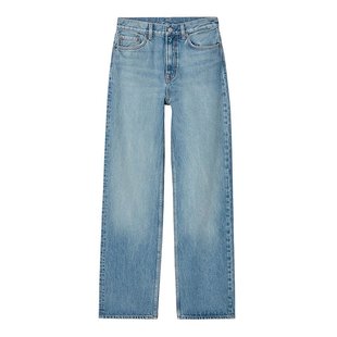COS 24新款 女士中蓝色棉质纽扣拉链开合高腰直筒牛仔裤