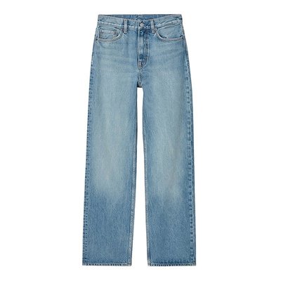 COS 24新款 女士中蓝色棉质纽扣拉链开合高腰直筒牛仔裤
