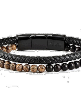 自营 Crucible 洛杉矶黑色皮革黑色搭扣双色木珠手链 - 棕色 美国