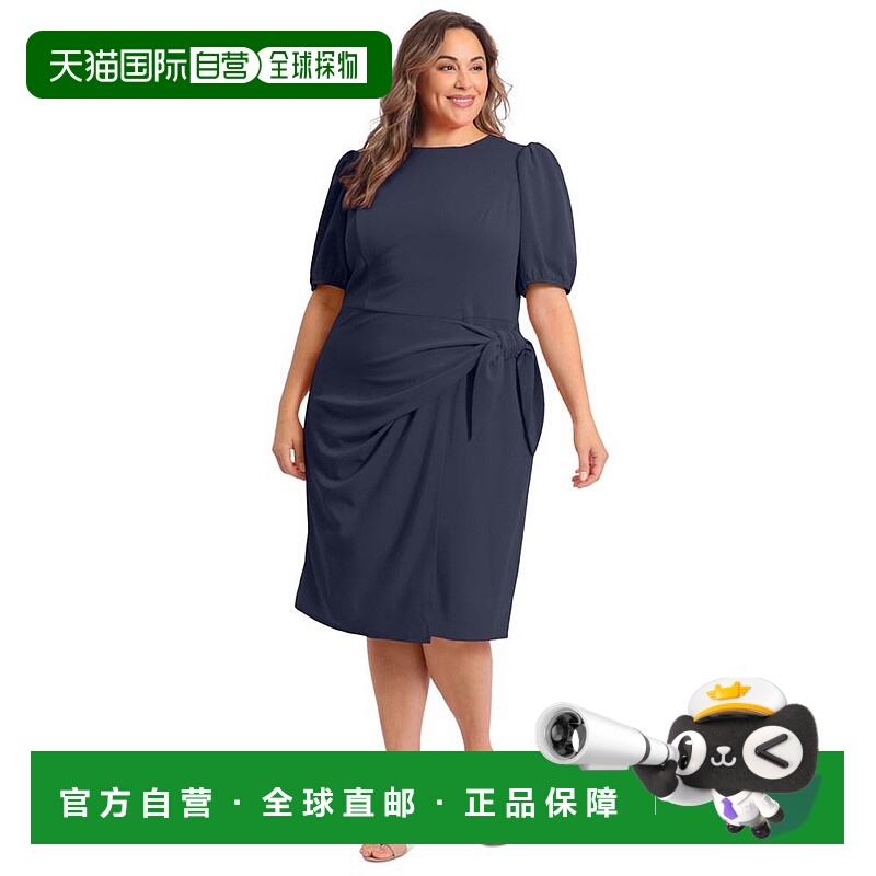 1h可退 【美国直邮】伦敦时报|大码泡泡袖系腰连衣裙