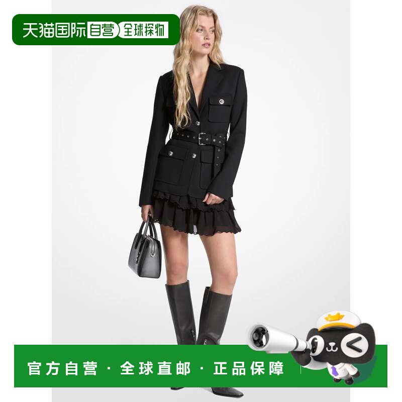 自营michael kors弹力羊毛混纺腰带运动夹克-黑色 美国奥莱直发