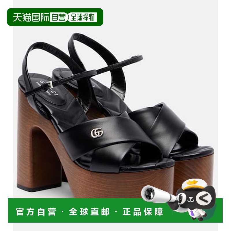 香港直邮Gucci 古驰 女士 双G皮质防水台凉鞋 black黑色 舒适时尚