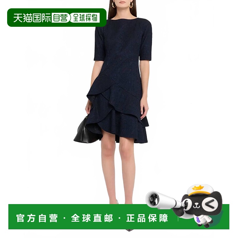 自营teri jonMetallic Jacquard Short Sleeve Double Ruffle Dre