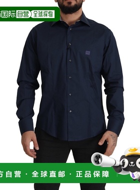 自营 Roberto Cavalli 棉质连衣裙正装男士衬衫 - 蓝色 美国奥莱