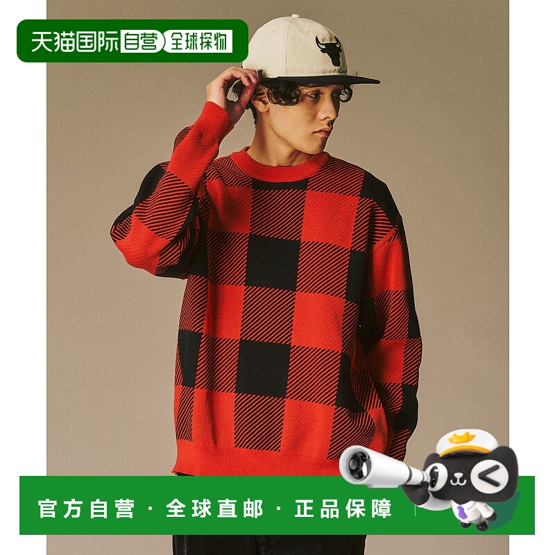 1h可退 日本直邮417 EDIFICE 男装 宽松格纹圆领针织衫 大尺寸设
