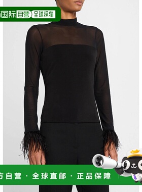 自营 Cinq a Sept Women's Feather Trim Shantel Top, Black - b