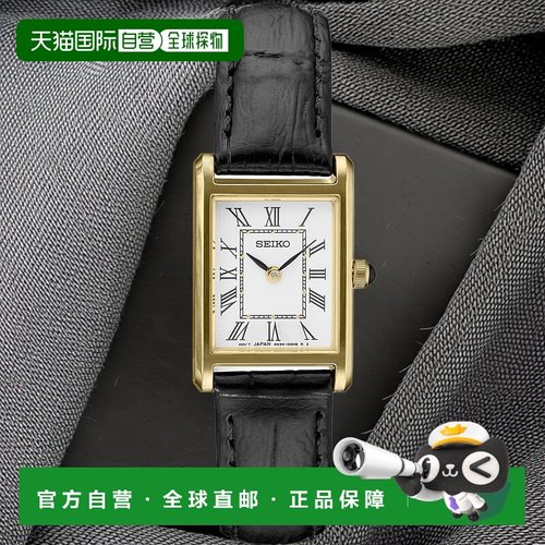 【日本直邮】Seiko精工 手表 女款方形指针式石英表黑色皮表带SWR