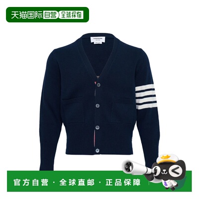 美国直邮THOM BROWNE-男式4条条纹直筒针织Intarsia经典修身V领美