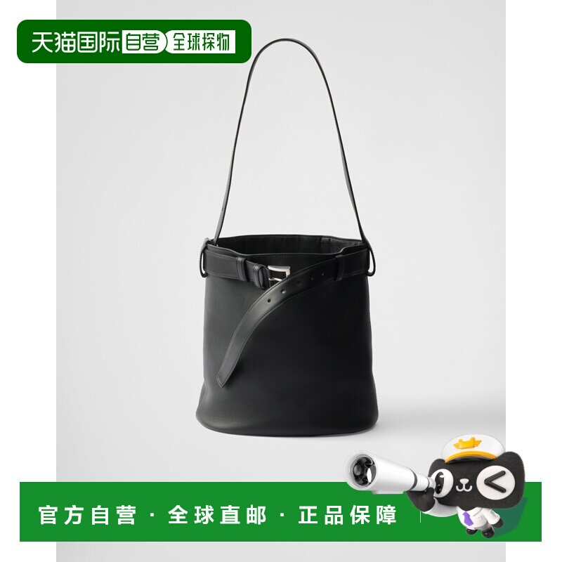 自营欧洲直邮Prada普拉达 Buckle系列女士黑色小牛皮带扣环装饰腰