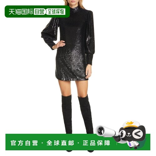 自营A.L.C.Christy迷你连衣裙女式黑色亮片气球袖鸡尾酒JDM1106-