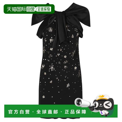 自营alberta ferretti黑色Enver缎面星星贴花蝴蝶结v领粘胶连衣裙